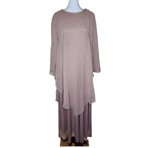 Vintage 1970s Butterfly Sleeve Maxi Kaftan Dress Womens Size XL Brown Taupe - Picture 1 of 11